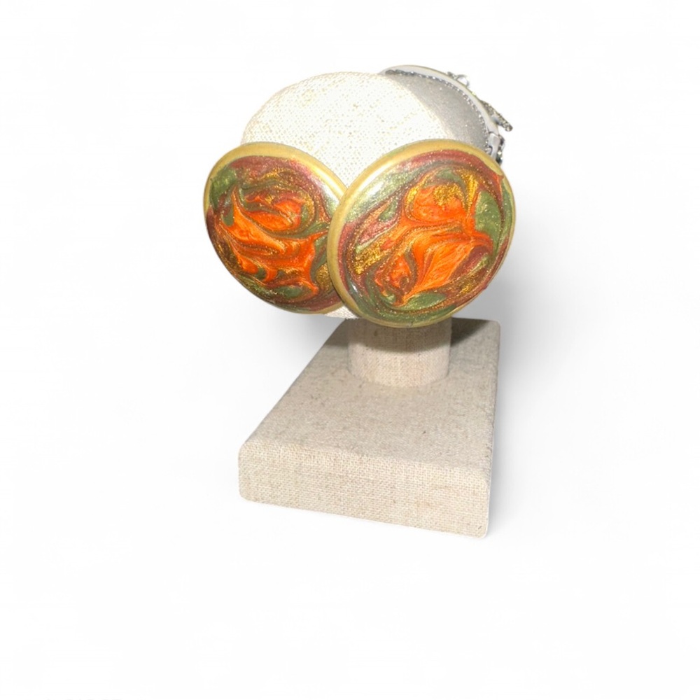 Vintage Round Enamel Swirl Earrings – Orange/Green/Gold
